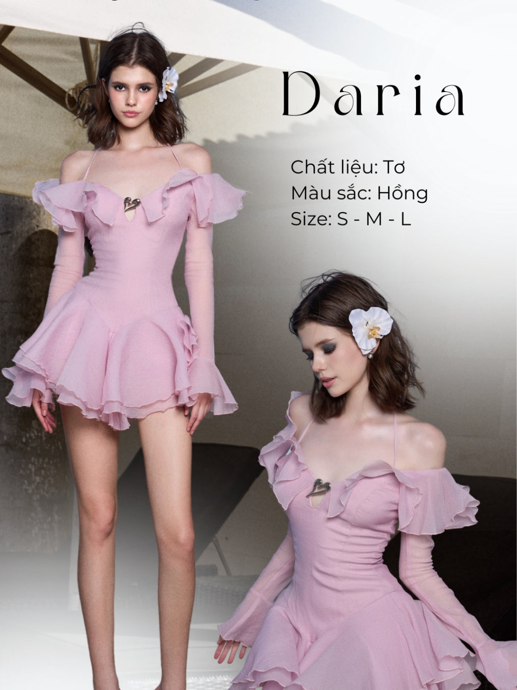 Pink chiffon off-the-shoulder dress with flared neckline - Daria Dress AMELIE