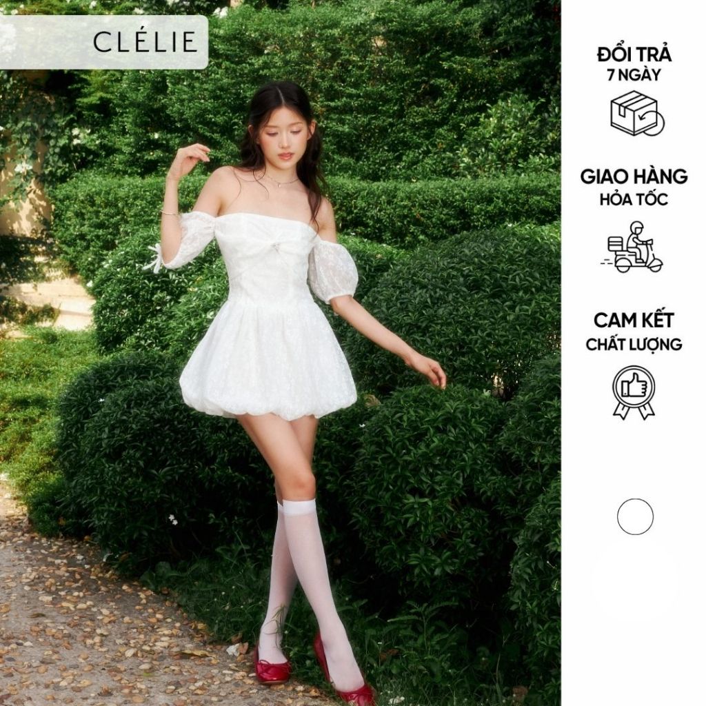 Đầm bí corset đính nơ đá trễ vai ống tay phồng | LILY DRESS - CLÉLIE