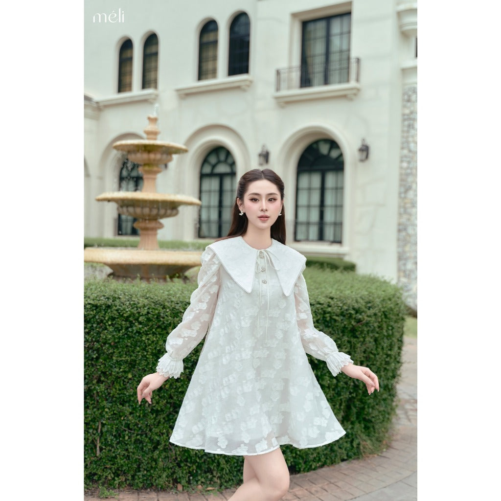 Rosalyn Dress - White floral silk dress, short straight line, big neckline, long sleeves with lace clips - Méli design