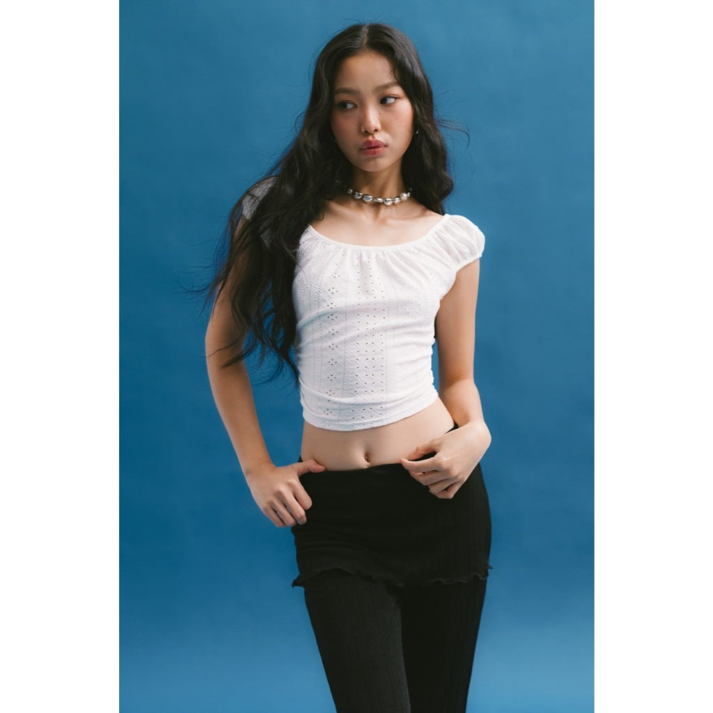 LIBÉ WORKSHOP - Áo thun croptop nhún eo màu trắng