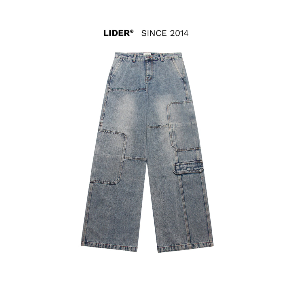 Unisex Silver Washed Wide Leg Jeans LIDER BRESLIN BONED CARGO DENIM PANTS