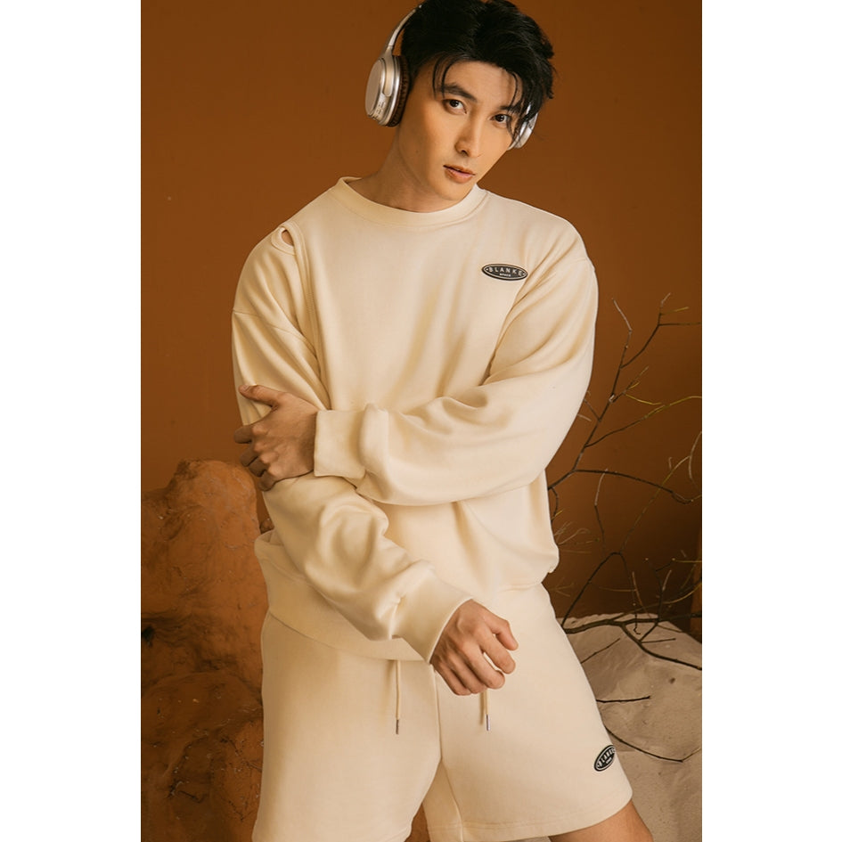 BLANKESPACE Áo Sweater Thể Thao Beigenicho Tay Dài Màu Be Chất Nỉ Chân Cua Nam Nữ Unisex