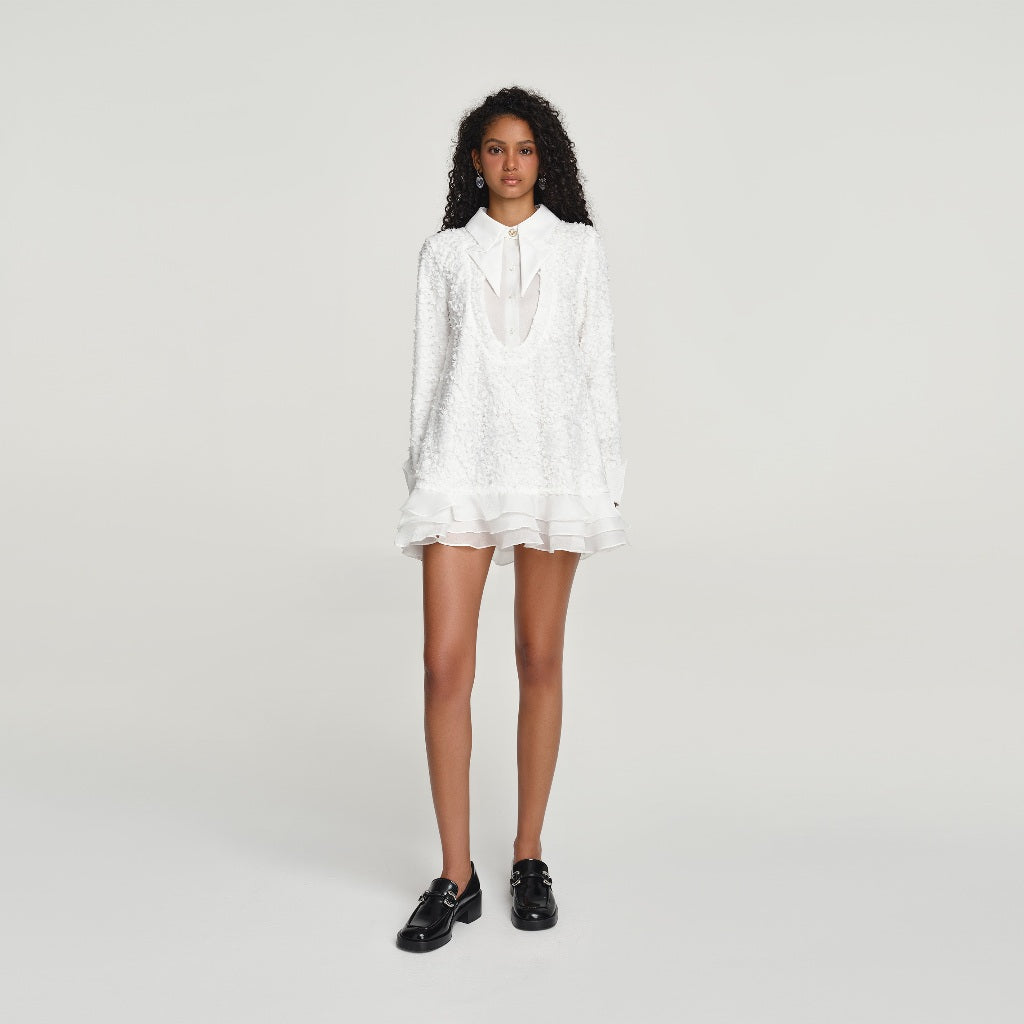 DEAR JOSÉ - ORIGAMI long-sleeved short dress in white poly fabric