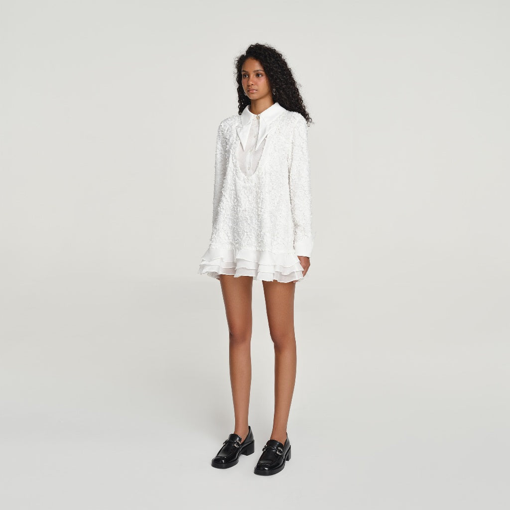 DEAR JOSÉ - ORIGAMI long-sleeved short dress in white poly fabric