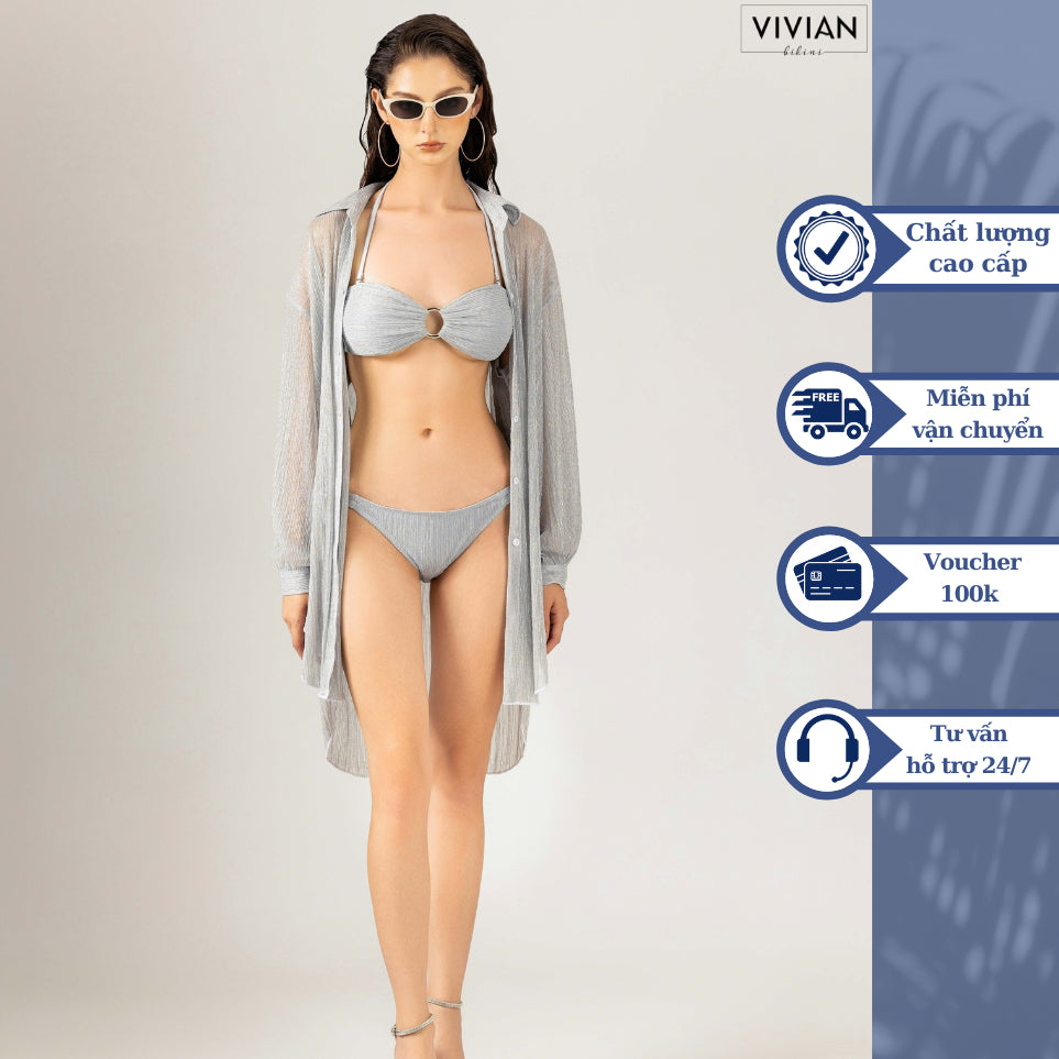 High-quality women's 3-piece bikini swimsuit, luxurious shirt jacket - Gray - VS178_GR