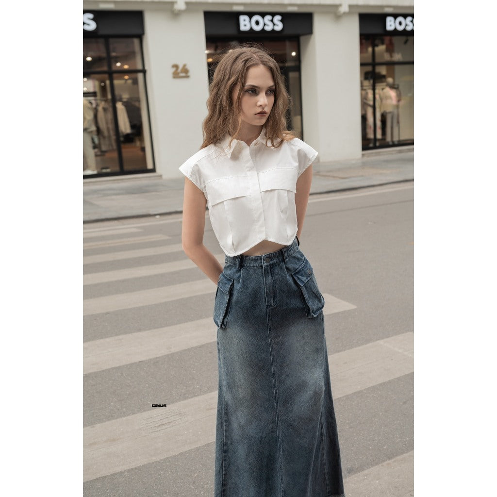 Chân Váy Jean / Bò Túi Hộp Dáng Dài Xanh Loang Nữ MARTHA SKIRT  _DXCV140636