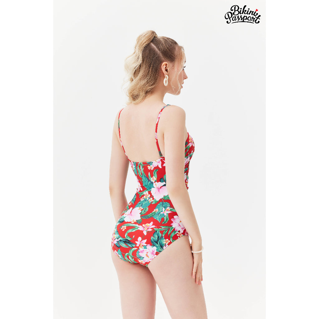 WOMEN'S BIKINI PASSPORT swimsuit, One-piece style with stylized ruffles - Red - BS343_RD