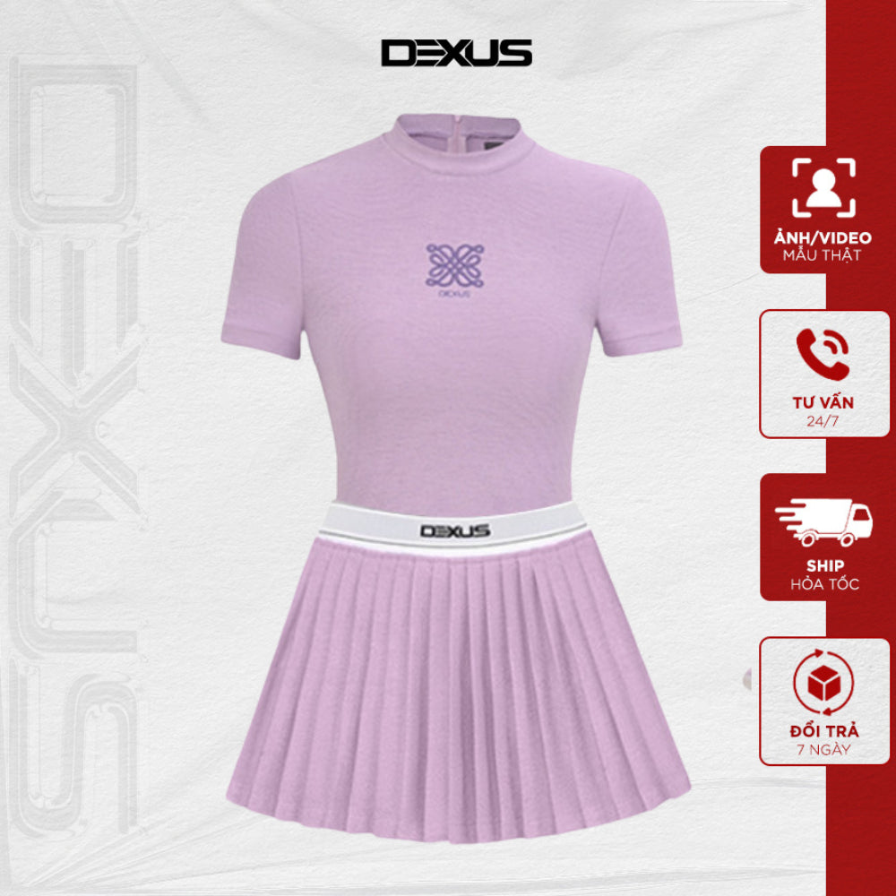 Set of women's short-sleeved crop top and pleated skirt in high-quality pastel purple knitted fabric_A120198+ CV140524