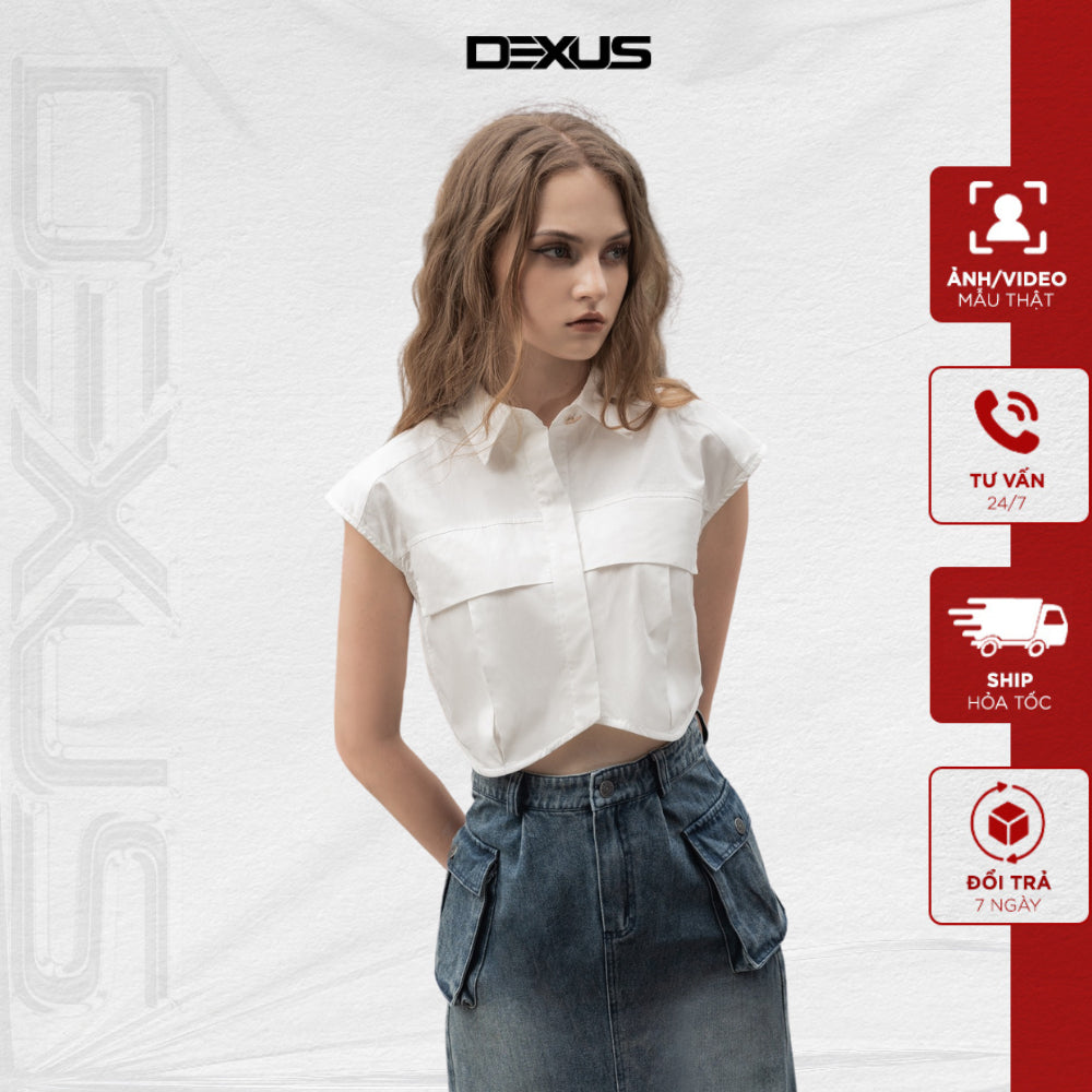 Women's White Crop Top Shirt with Two Flaps _DXA150032