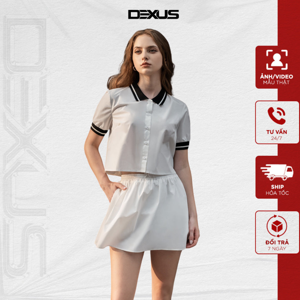 Set of youthful women's crop top polo shirt with short A-line flared skirt MAMIA SET_DXA150050+ DXCV150016