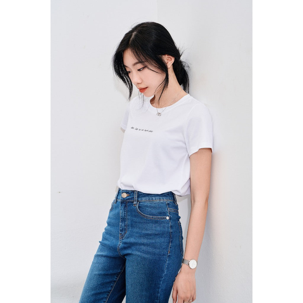 Áo thun nữ cotton ngắn tay cổ tròn in hình VIEN TRAN V61S24H015