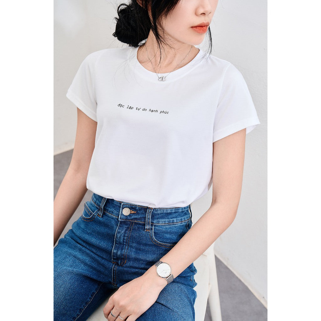 Áo thun nữ cotton ngắn tay cổ tròn in hình VIEN TRAN V61S24H015