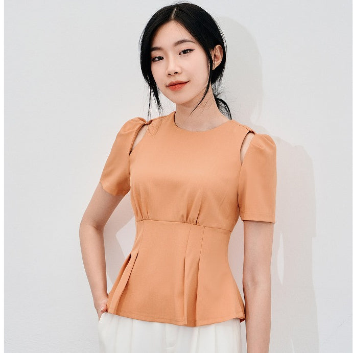 Women's shirt - puff sleeve shirt with waist detail - V61B22Q058