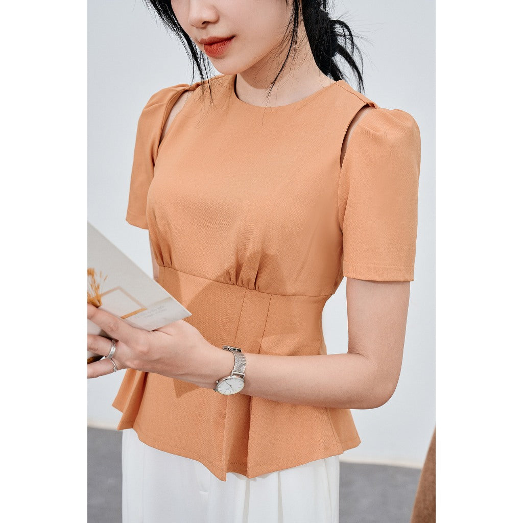 Women's shirt - puff sleeve shirt with waist detail - V61B22Q058