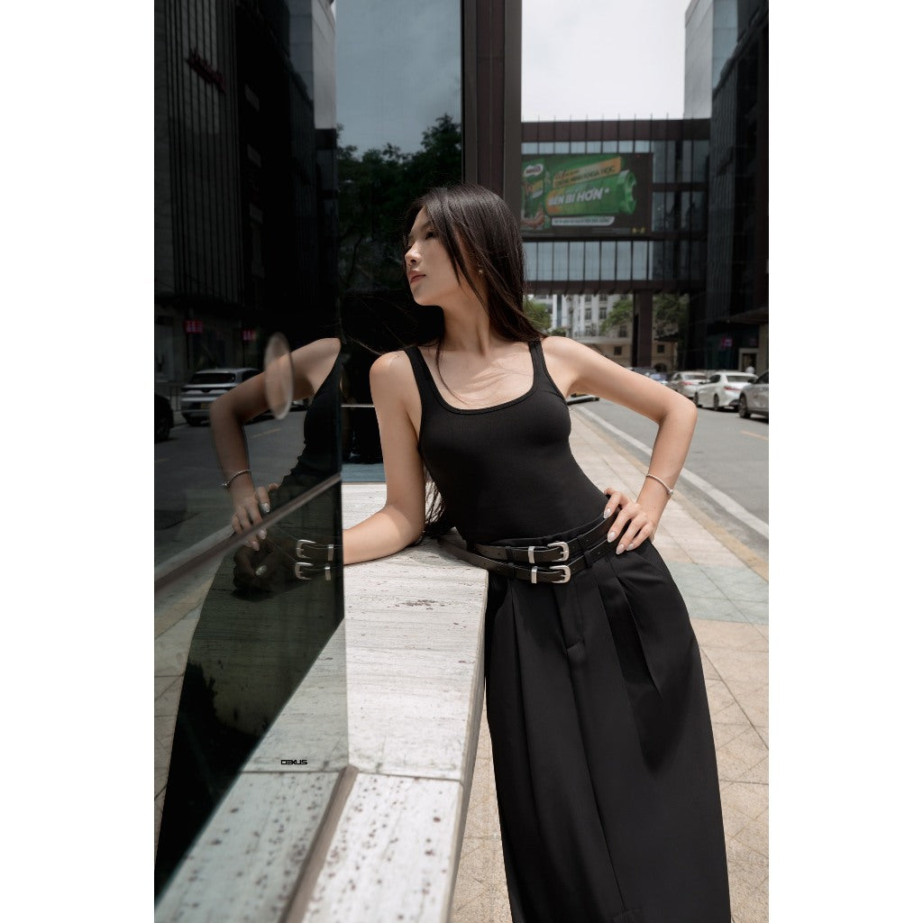 Women's black long slit skirt with basic waistband and belt KORS SKIRT_DXCV140724 (Free belt included)