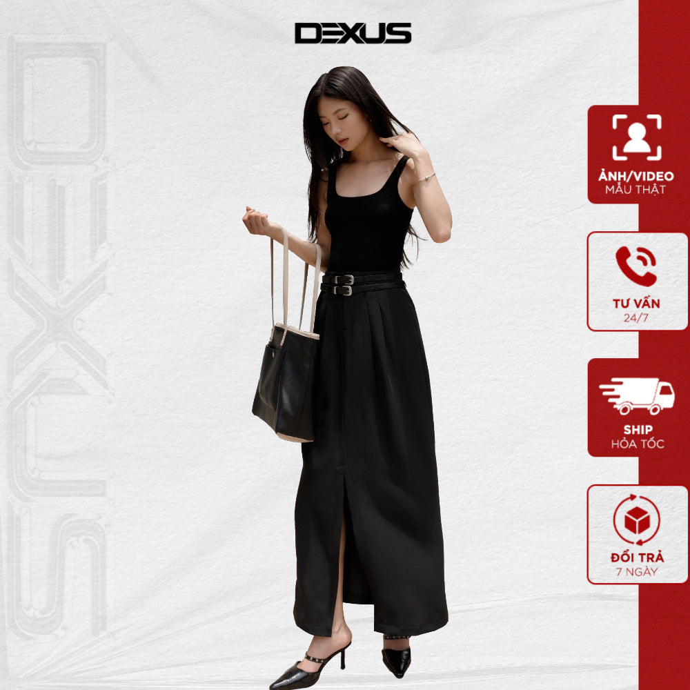 Women's black long slit skirt with basic waistband and belt KORS SKIRT_DXCV140724 (Free belt included)