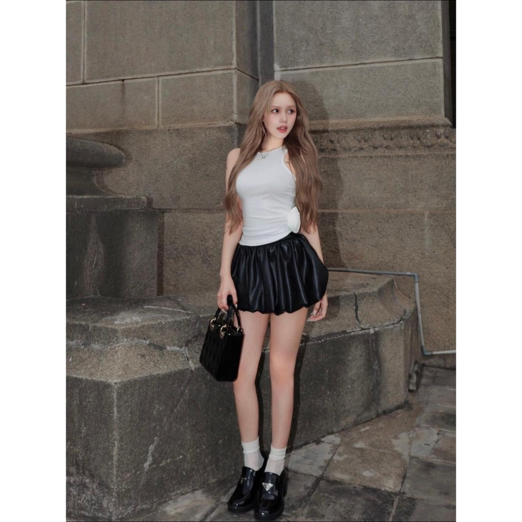 Women's High Waist Flared Leather Skirt Sexy Pumpkin Short Skirt Extremely Hacked Shape_CV70098