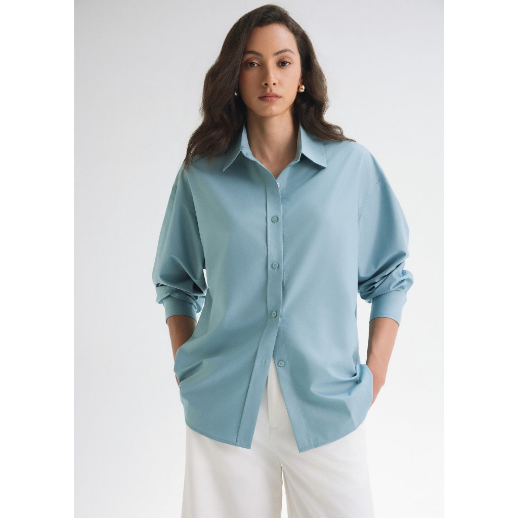 MONO TALK oversized shirt (grey blue) wrinkle-free, soft and cool poplin fabric T10001FT