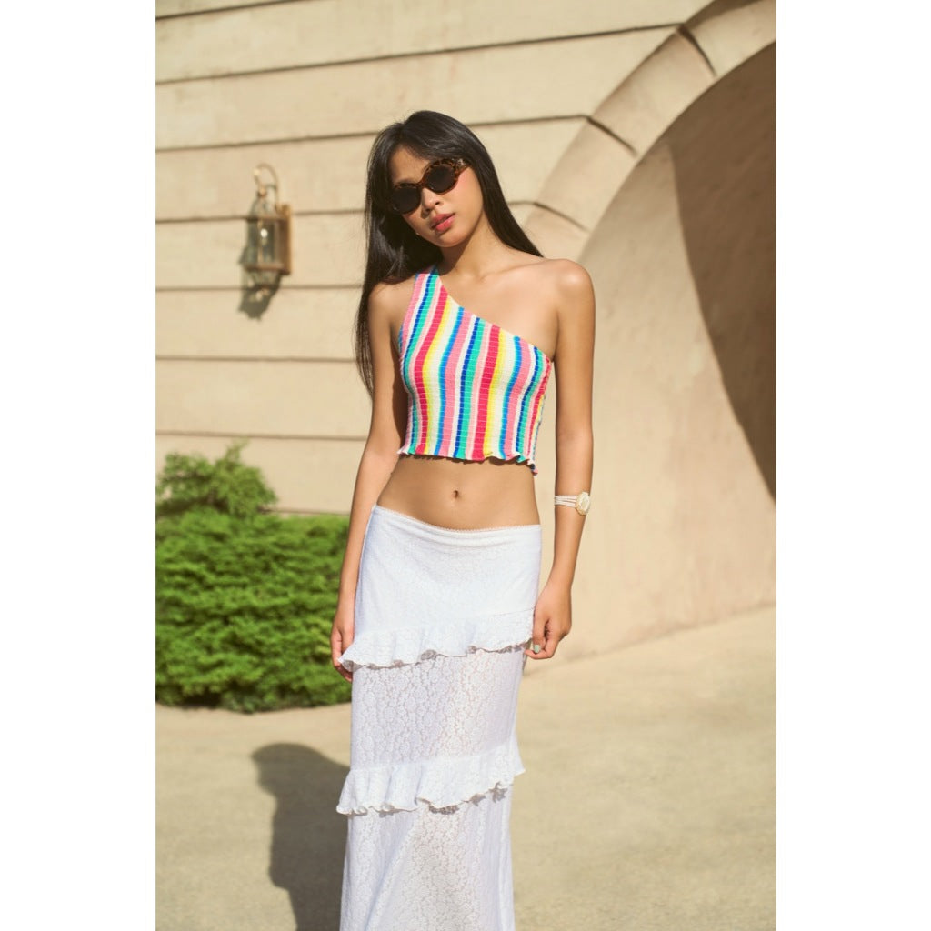 LIBÉ WORKSHOP - Slim off-the-shoulder shirt with multi-colored striped pattern