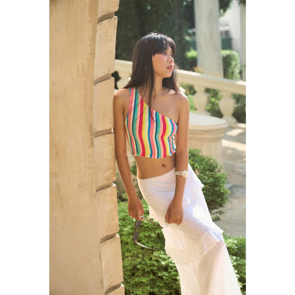 LIBÉ WORKSHOP - Slim off-the-shoulder shirt with multi-colored striped pattern