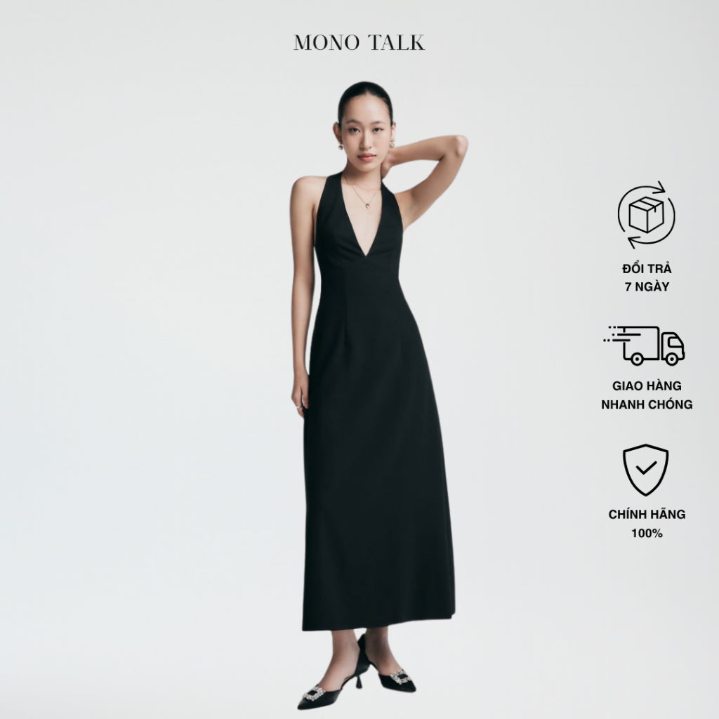 MONO TALK Korean sand body dress V neck open back slim midi dress MCS23W-O10006TK