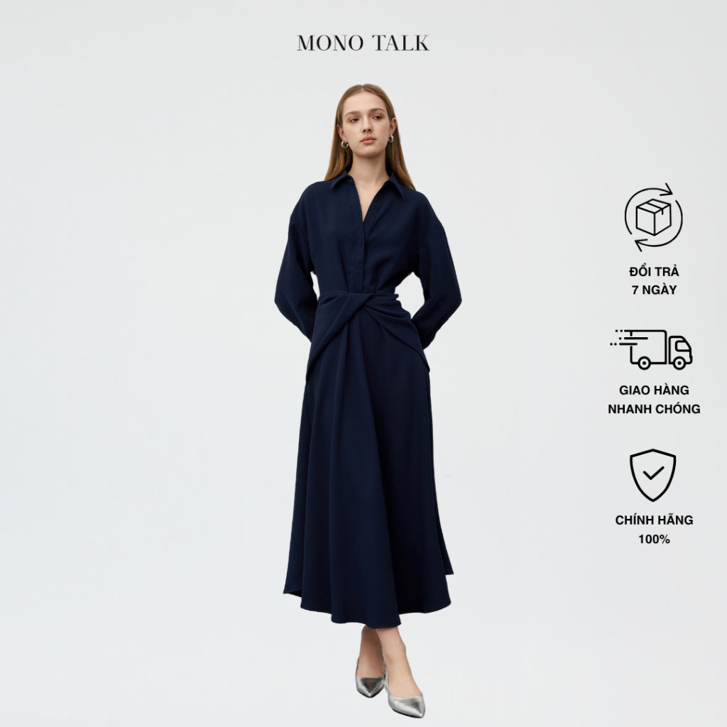 A-shaped long dress made of ancient German Crep MONO TALK material, long sleeve cuffs, twisted waist fabric design MOF23W-O10004TK