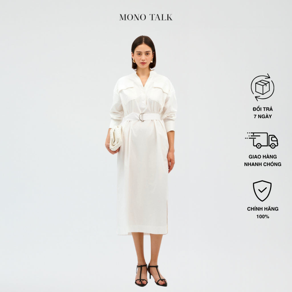 MONO TALK long shirt dress made of rough poplin with 2 chest pockets, side slits, D-belt included MOF23W - O10001TK