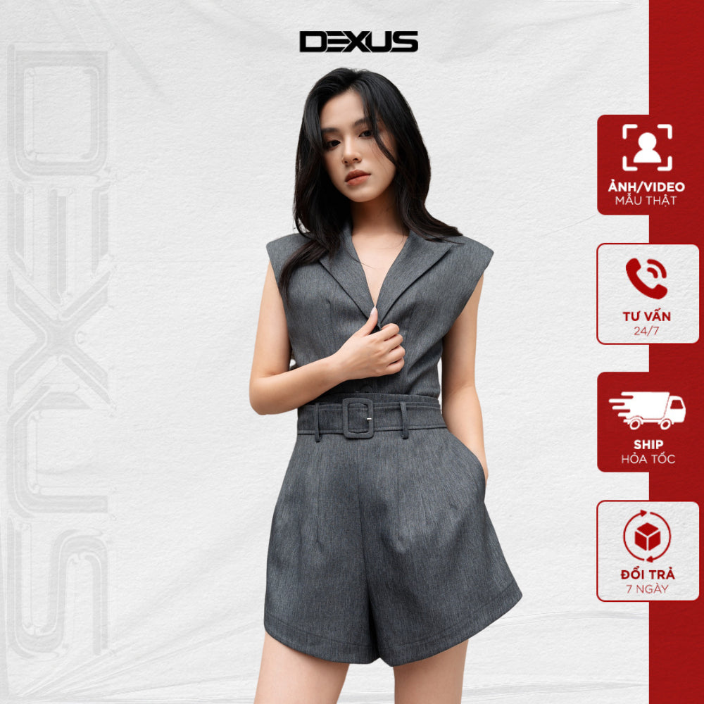 Women's set of tank top with vest collar (with shoulder pads) mixed with short shorts (wrinkle free)_ DXA70846+DXQ70224 (FREE BELT)