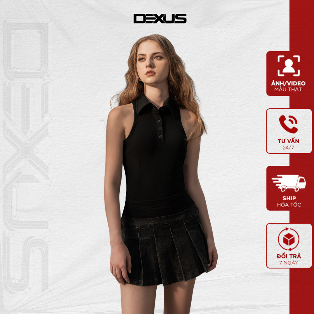 Women's tank top with collar, basic black, figure-hugging form, soft and cool Korean material SUZY TANK TOP_DXA150082