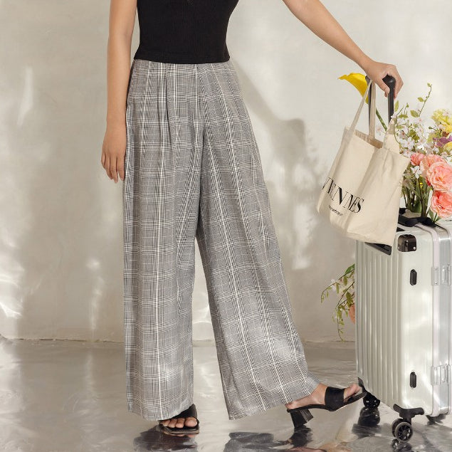 Women's Wide Leg Trousers with Ripped Buttons and Elastic Ribs - Office Straight Straight Leg Pants VIENNE TRAN V64W21Q001