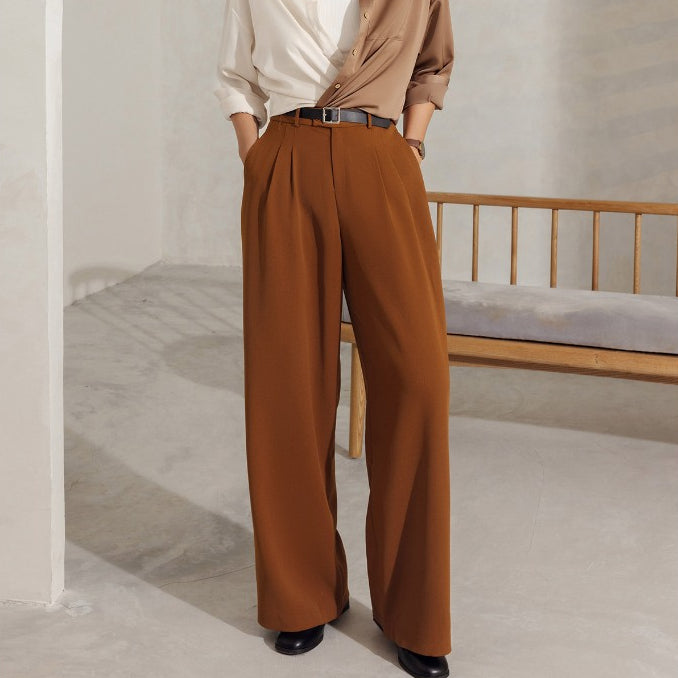 Women's Wide Leg Trousers with Ripped Buttons and Elastic Ribs - Office Straight Straight Leg Pants VIENNE TRAN V64W21Q001