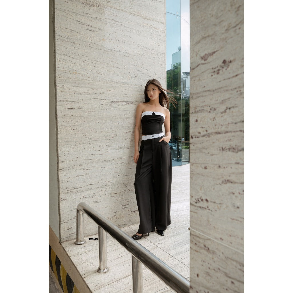 Basic black wide leg pants with white striped waistband SNAP PANTS_DXQ140672