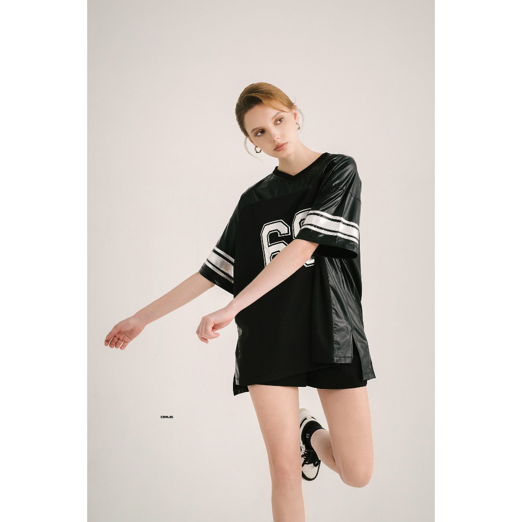 Women's Cotton Leather Short-sleeved T-shirt from Loose and Marked Pants, Personality Black ZELDA TOP_DXA70850