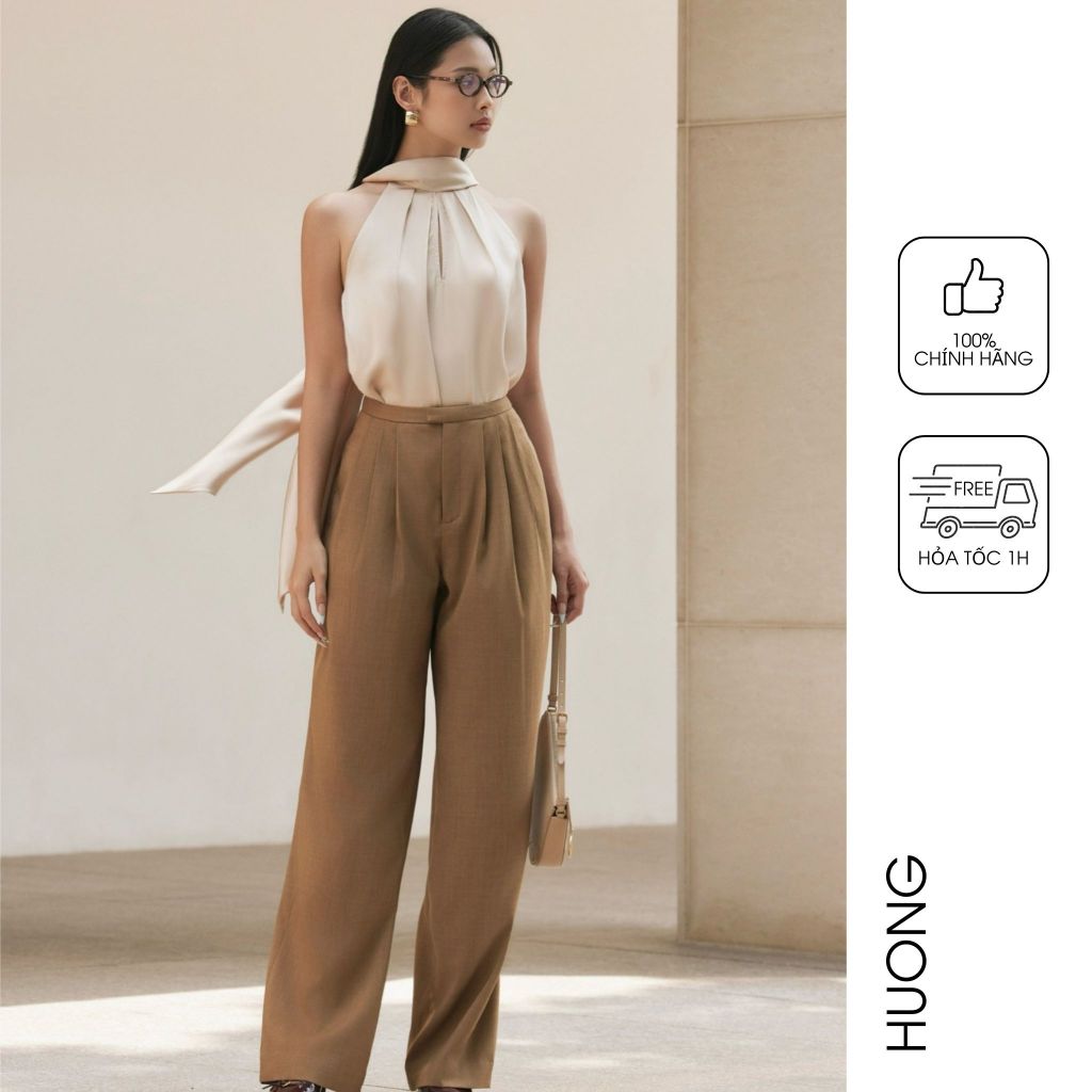 Áo sơ mi lụa be cổ yếm xếp ngực HUONG BOUTIQUE BSSM57