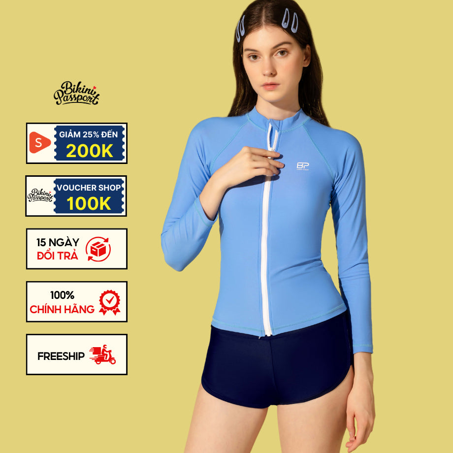 Women's ODD BIKINI PASSPORT long-sleeved swimsuit with zipper - Sky blue - BS512_BU