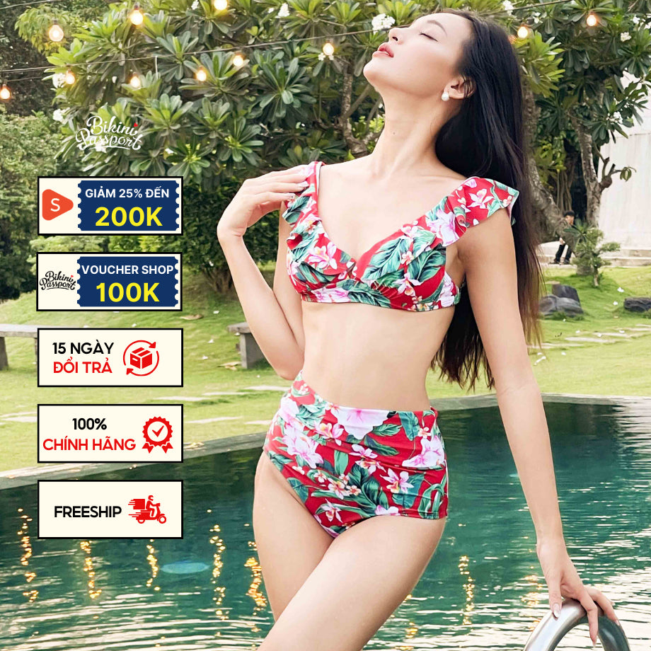 Đồ bơi Nữ BIKINI PASSPORT kiểu Lưng cao áo cổ V - màu Đỏ - BS447_RD