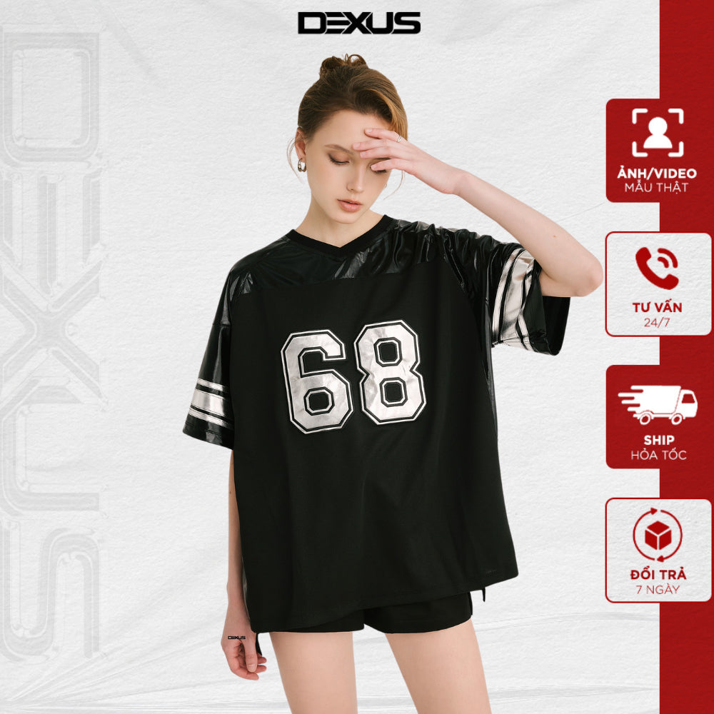 Women's Cotton Leather Short-sleeved T-shirt from Loose and Marked Pants, Personality Black ZELDA TOP_DXA70850