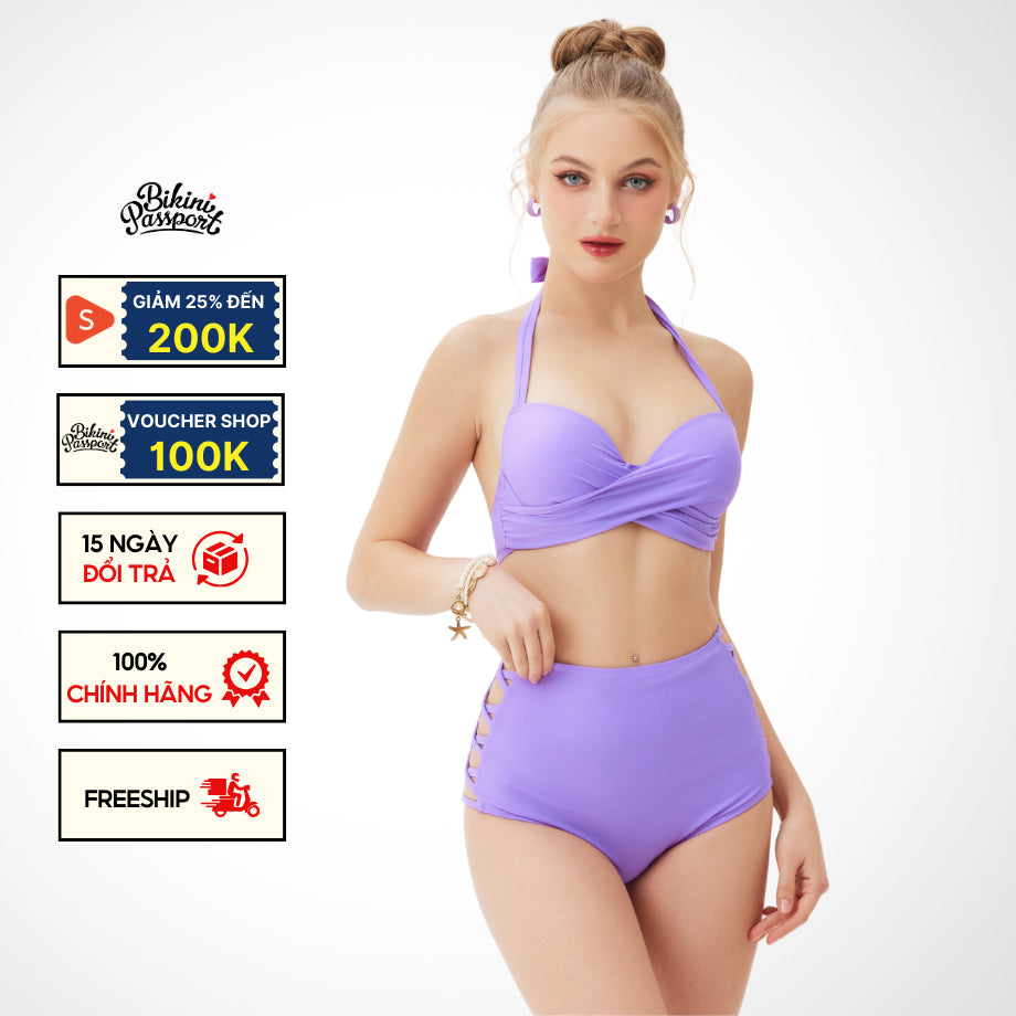 Đồ bơi nữ BIKINI PASSPORT dạng hai mảnh lưng cao, quần đan dây - màu Tím - BS094_PP