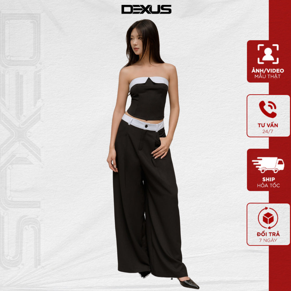 Basic black wide leg pants with white striped waistband SNAP PANTS_DXQ140672