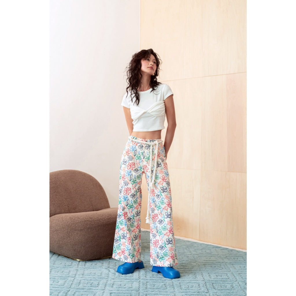 LIBÉ WORKSHOP - Khaki long straight pants with multicolored floral patterns