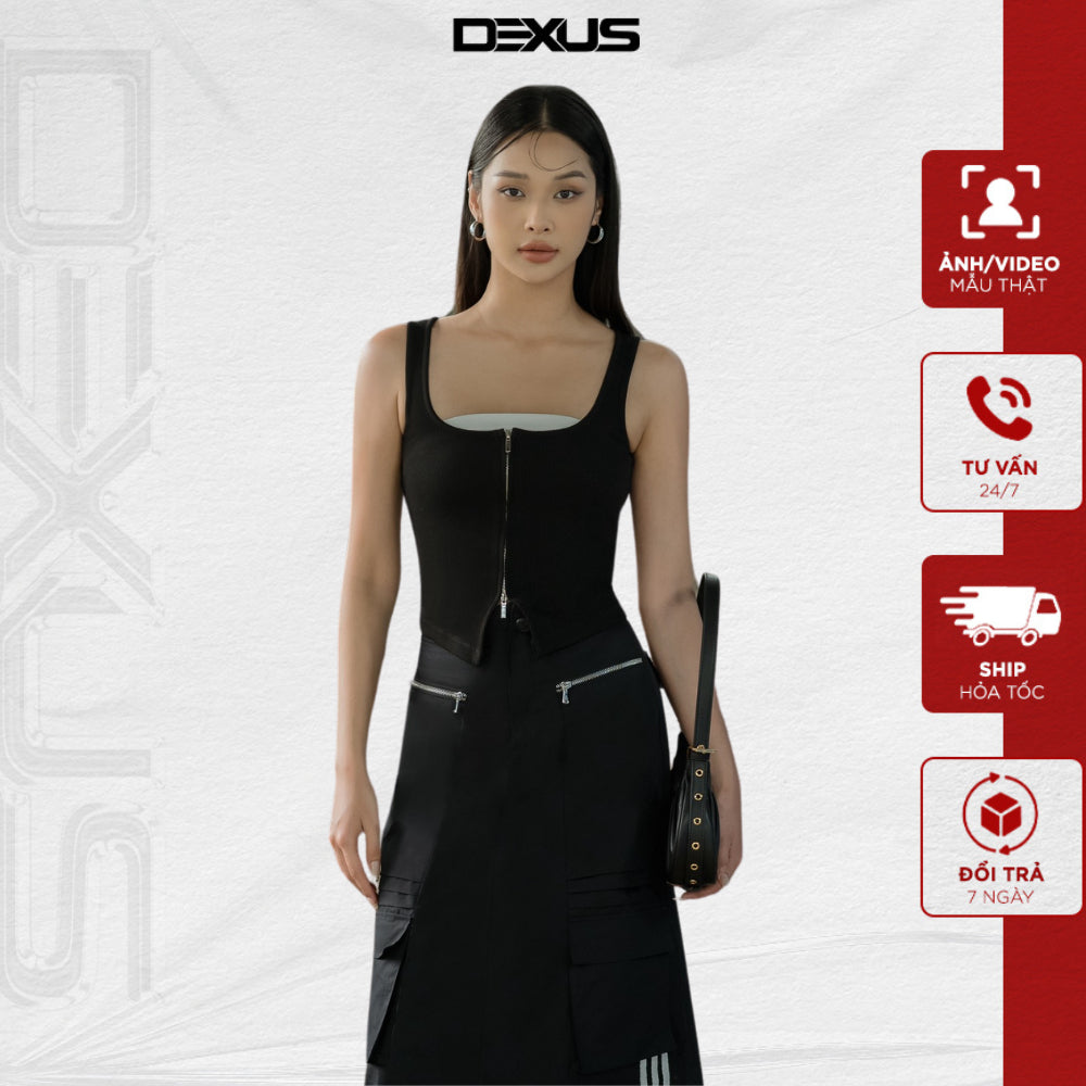 Women's body-hugging crop top with square neck and 2-way zipper, soft and cool material DIBI TOP_DXA150010