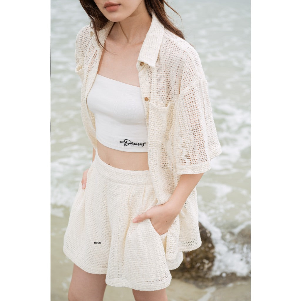 Women's set of short-sleeved shirt, basic beige short shorts, soft knitted fabric VOLCANO SET_DXA70908+DXQ70242