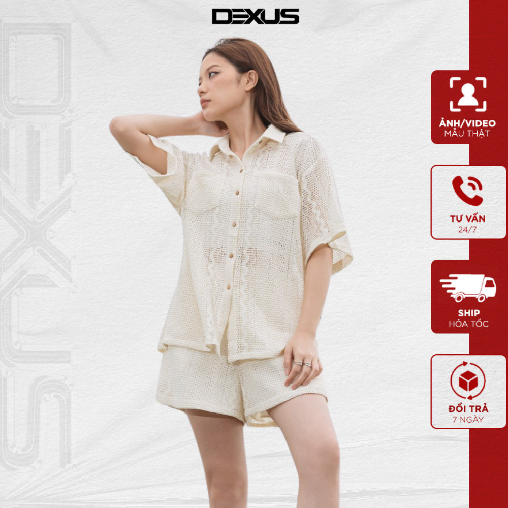 Women's set of short-sleeved shirt, basic beige short shorts, soft knitted fabric VOLCANO SET_DXA70908+DXQ70242