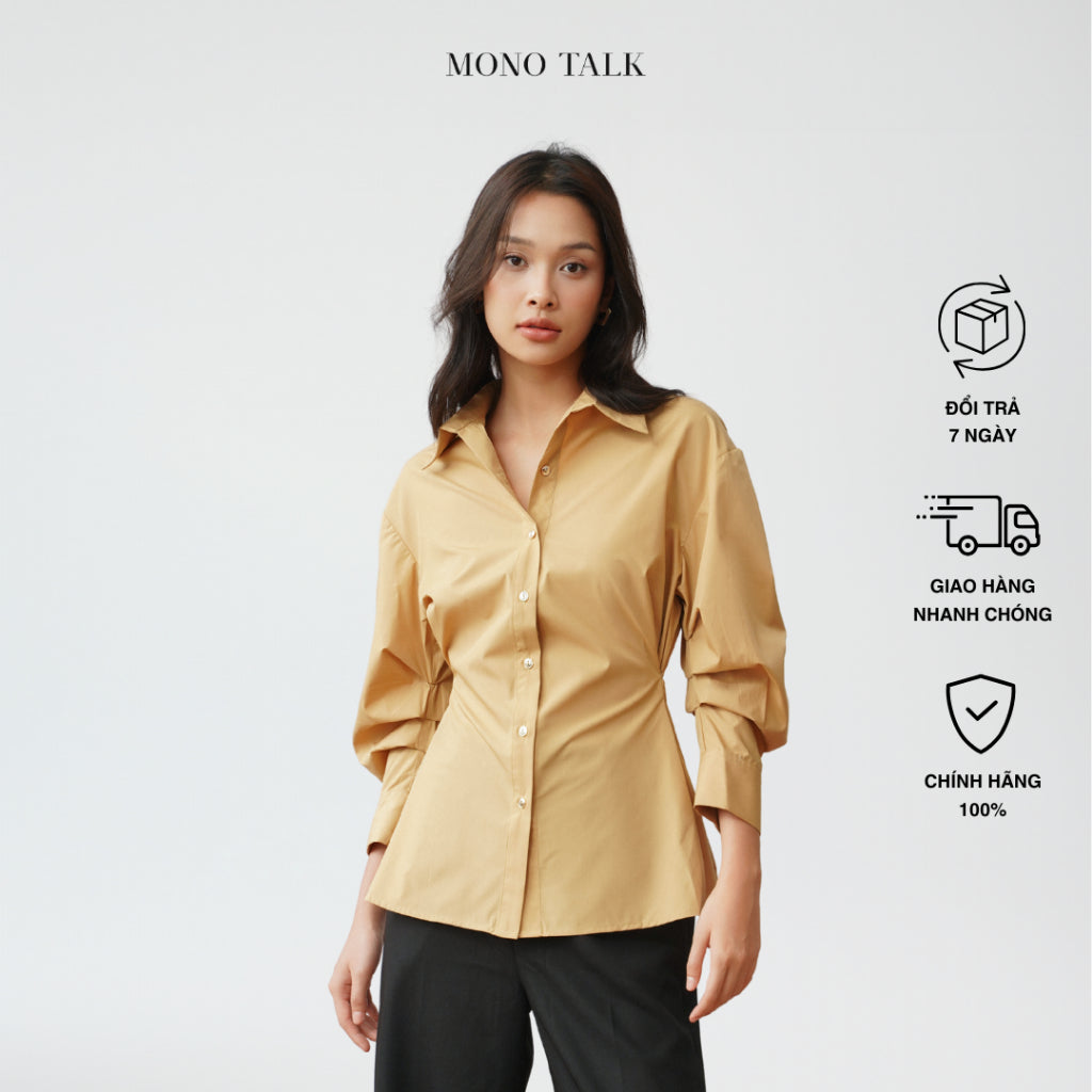 MONO TALK waist-cinching shirt (beige) with pleated sleeves, bronze buttons T10001TK