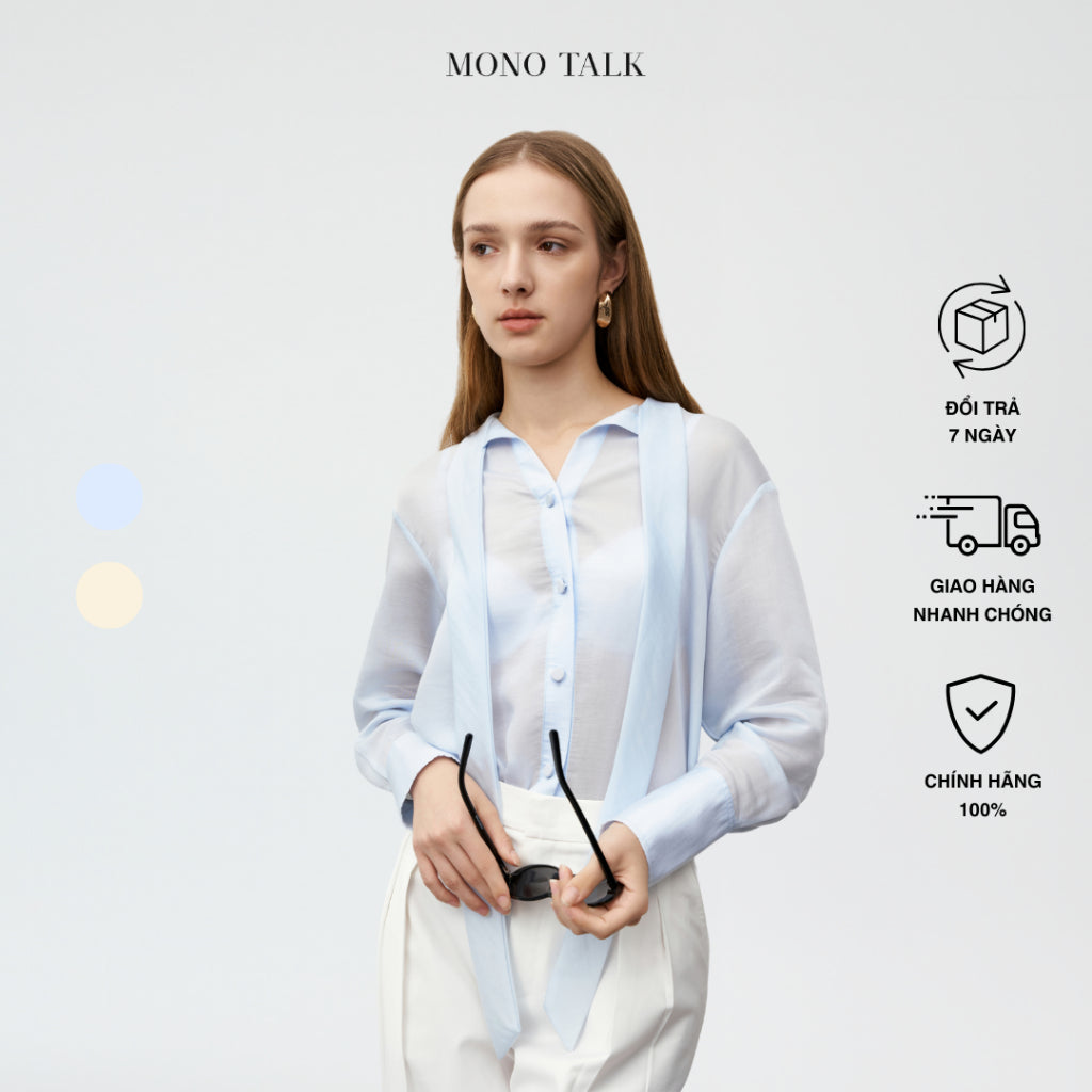 Oversize MONO TALK shirt made of silk, bow tie collar, large V-open cuffs, covered buttons MOF23W-T20004TK