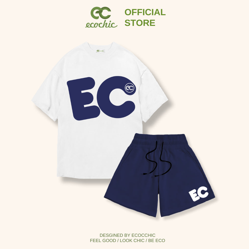 ECOCHIC EC Logo Women's Sportswear Set Loose-fitting T-Shirt High-Waisted Pants Genuine 100% Cotton B044