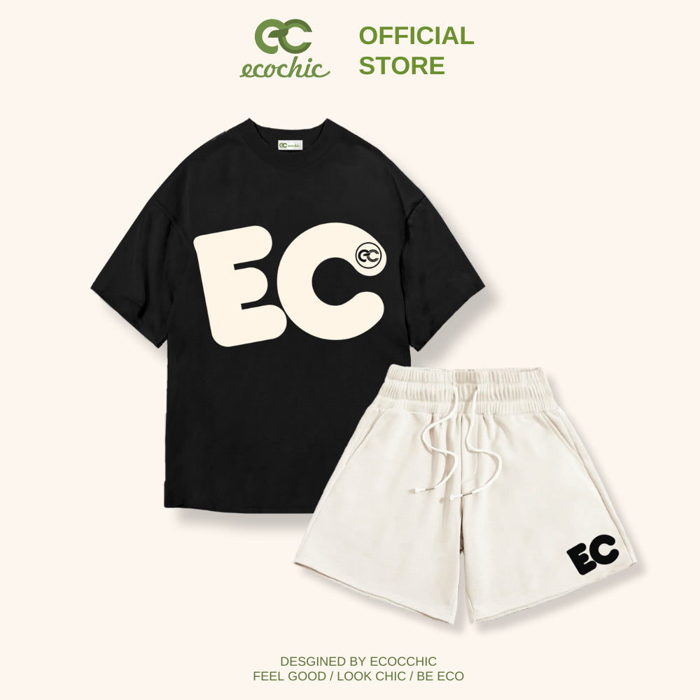 ECOCHIC EC Logo Women's Sportswear Set Loose-fitting T-Shirt High-Waisted Pants Genuine 100% Cotton B044