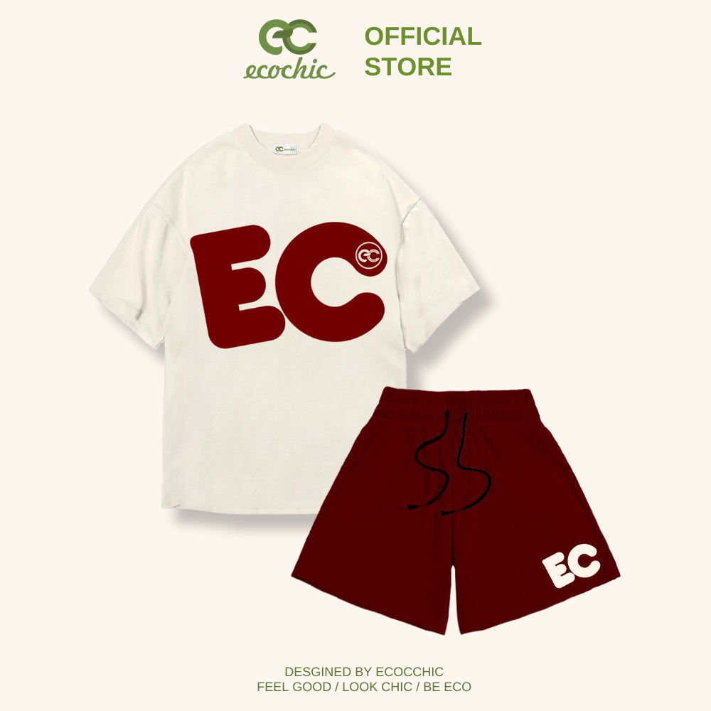 ECOCHIC EC Logo Women's Sportswear Set Loose-fitting T-Shirt High-Waisted Pants Genuine 100% Cotton B044