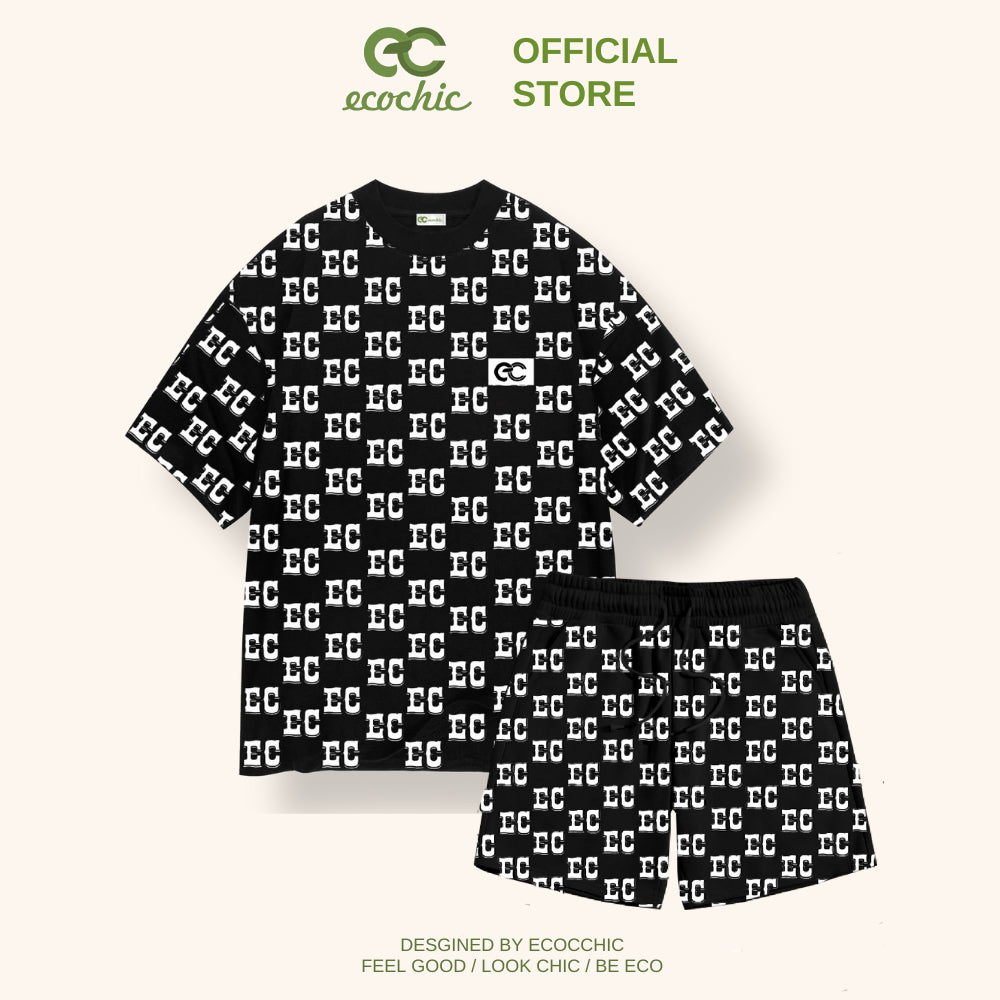 Set Bộ Nữ Thể Thao ECOCHIC Full EC Monogram Logo Áo Phông Form Rộng Quần Cạp Cao Chính Hãng 100% Cotton B043