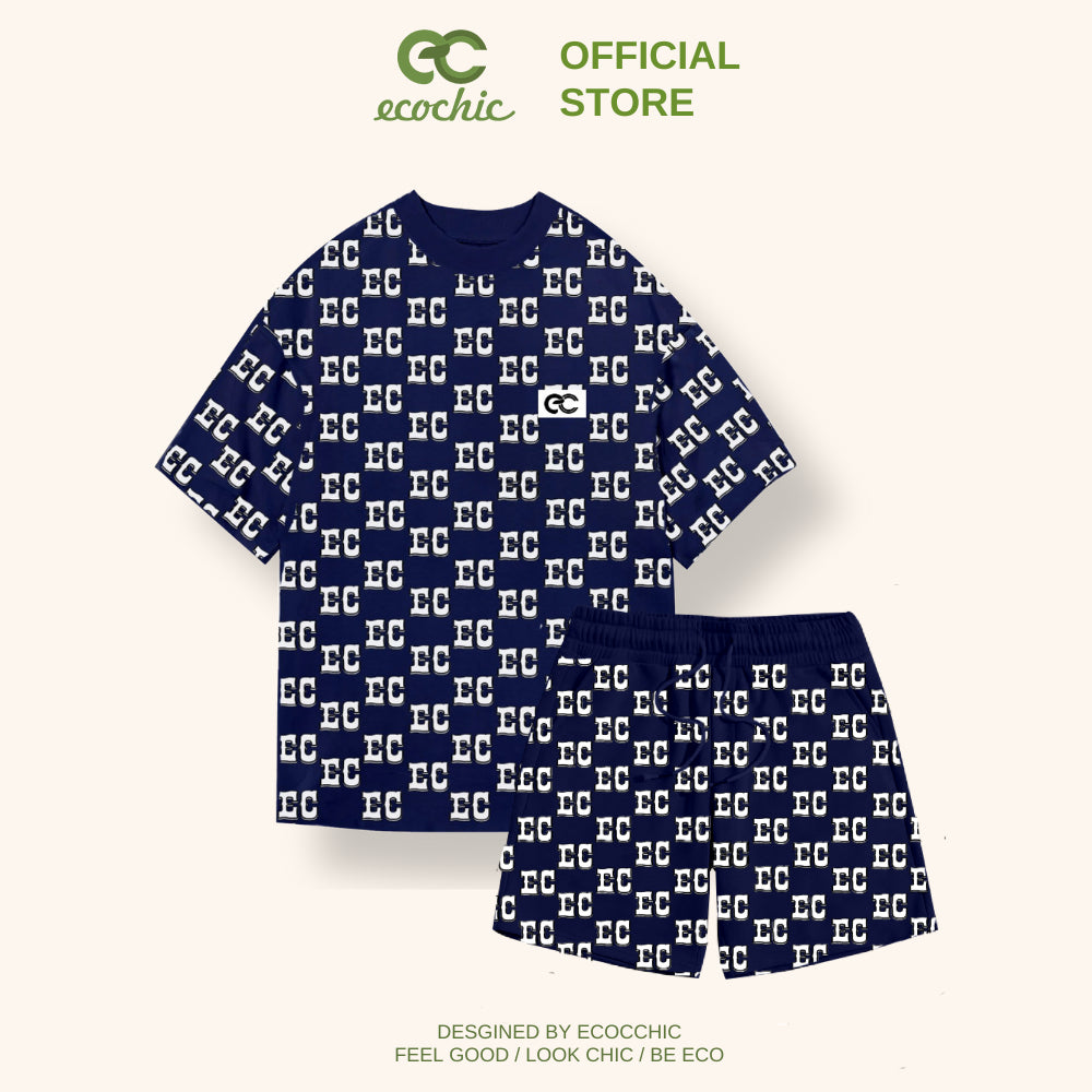 Set Bộ Nữ Thể Thao ECOCHIC Full EC Monogram Logo Áo Phông Form Rộng Quần Cạp Cao Chính Hãng 100% Cotton B043